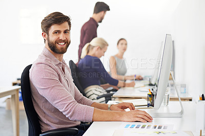 Buy stock photo Portrait, smile and man, creative designer or employee in startup company. Face, entrepreneur and web design professional with pride for business career, job or success mindset for office coworking.