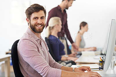 Buy stock photo Happy, portrait and man, creative designer or employee in startup company. Face, entrepreneur and web design professional with pride for business career, job or success mindset for coworking office.