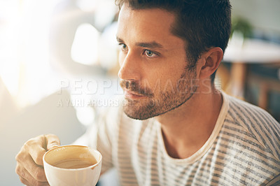 Buy stock photo Coffee, thinking and face of man in restaurant, cafeteria and diner for caffeine, wellness and break. Person with idea, thoughtful and wondering with beverage, espresso and cappuccino in morning