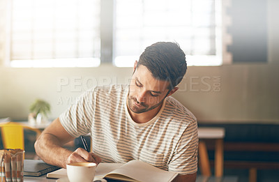 Buy stock photo Man, coffee shop and journal for writing ideas, inspiration and writer for creativity in restaurant. Male person, diary and planning for story or author, calm and peace in cafe for script project