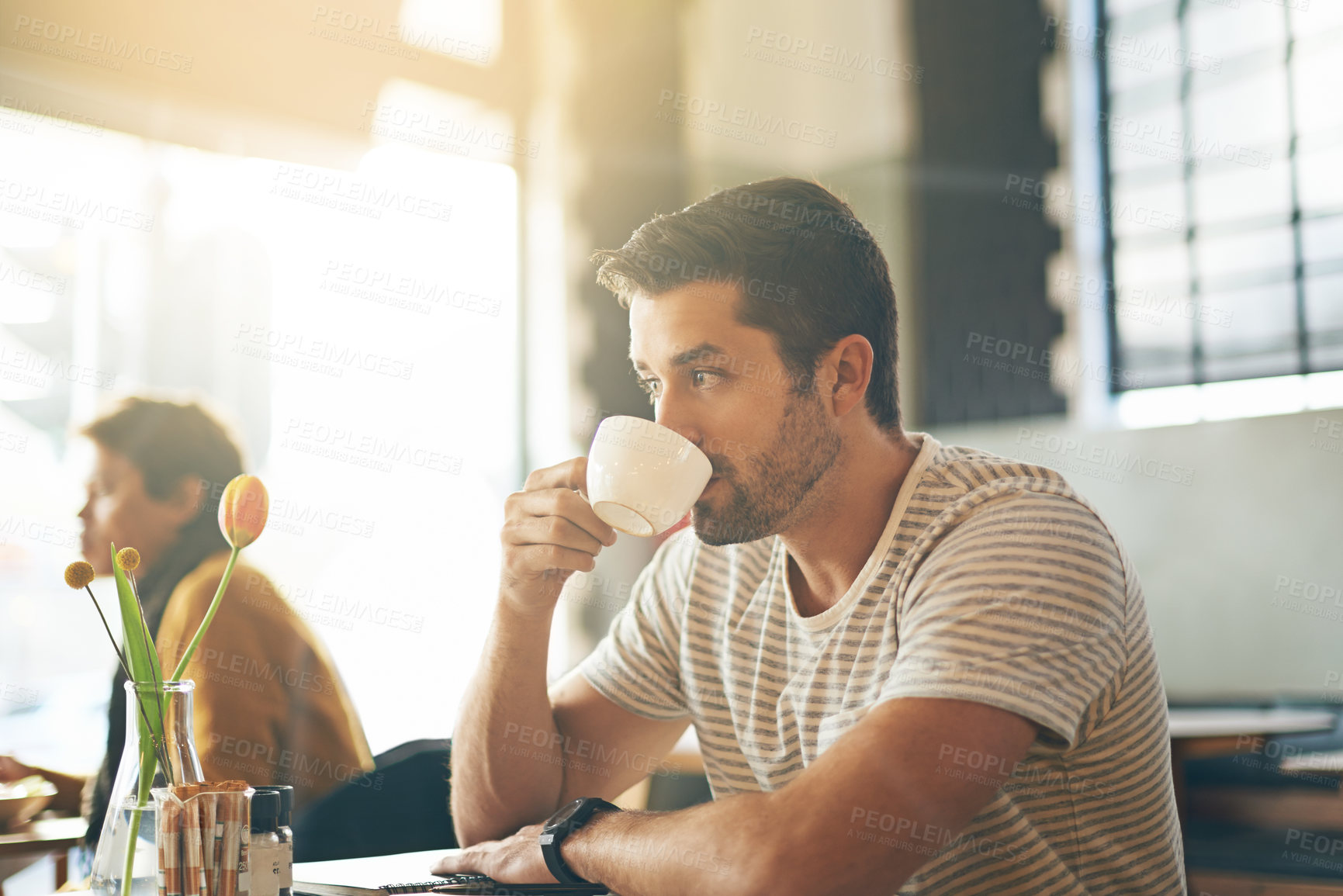 Buy stock photo Coffee shop, morning and man drinking in restaurant, cafeteria and diner for break, wellness and relax. Latte, customer and person with calm, peace and drink with beverage, caffeine and cappuccino