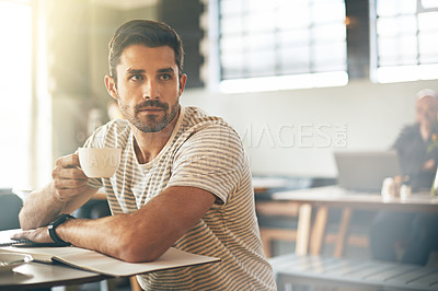 Buy stock photo Man, cup and freelancer thinking in coffee shop, ideas and planning for startup company in cafe. Male person, latte and relax in restaurant for remote work in notebook, contemplating and inspiration