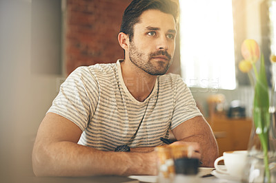 Buy stock photo Man, cafe and notebook for writing ideas, inspiration and writer for creativity in restaurant. Male person, journal and planning for story or author, calm and peace in coffee house for script project