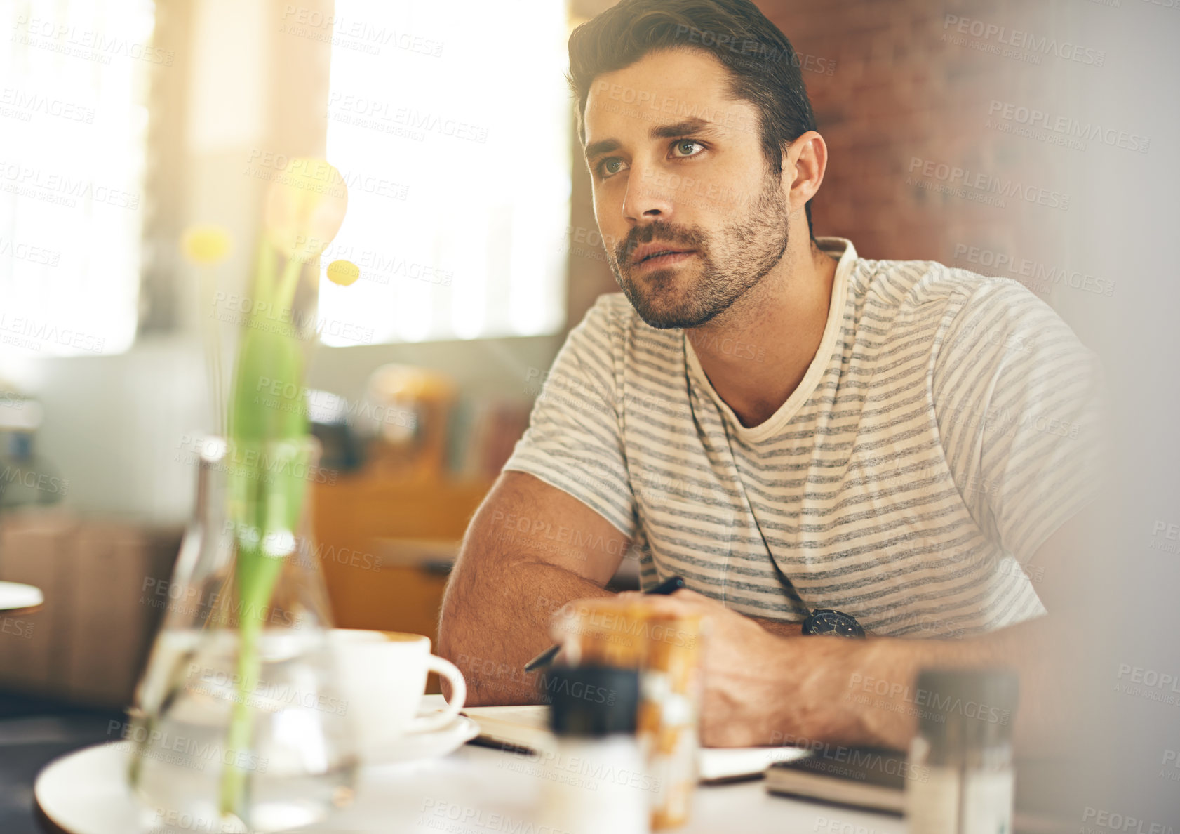 Buy stock photo Man, coffee shop and notebook for writing thoughts, inspiration and writer for creativity in restaurant. Male person, journal and plan for story or author, calm and ponder in cafe for script project