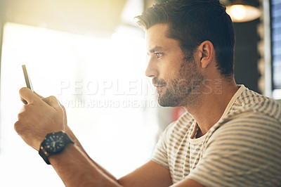 Buy stock photo Man, relax with smartphone and scroll online for social media, technology and communication. Chat, reading on mobile app or ebook with connectivity, contact and using phone for texting with network