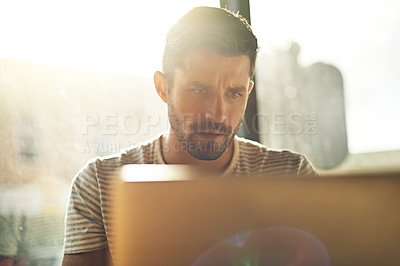 Buy stock photo Trader, laptop or man in cafe reading news online the stock market for trading report update on internet. Coffee shop, remote work or entrepreneur typing an email or networking on digital website 