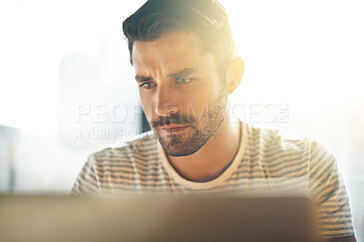 Buy stock photo Entrepreneur, laptop or serious man in cafe reading news online the stock market for trading report update. Coffee shop, remote work or focused trader typing an email or networking on digital website