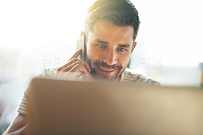 Buy stock photo Remote work, phone call and happy man with laptop for networking, chat and creative professional on website. Computer, research and freelancer with online job, cellphone and consulting on web project