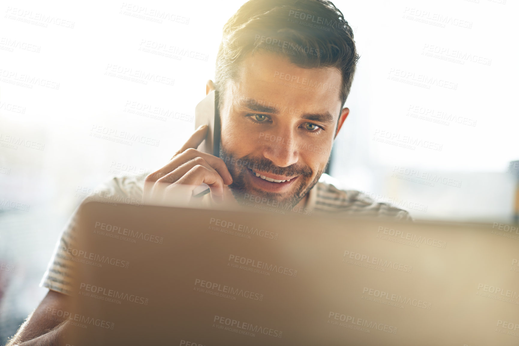 Buy stock photo Remote work, phone call and happy man with laptop for networking, chat and creative professional on website. Computer, research and freelancer with online job, cellphone and consulting on web project