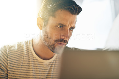 Buy stock photo Remote work, laptop or man in cafe reading news online the stock market for trading report update. Coffee shop, entrepreneur or trader typing an email or networking on internet or digital website