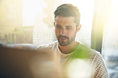 Buy stock photo Man, laptop or trader in cafe reading news online the stock market for trading report update on internet. Coffee shop, remote work or entrepreneur typing an email or networking on digital website