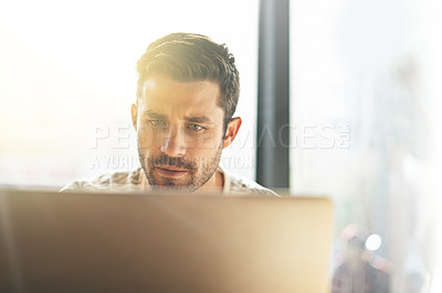 Buy stock photo Entrepreneur, laptop or man in cafe trading or reading news online the stock market for data analysis. Coffee shop, remote work or trader typing an email or networking on internet or digital website