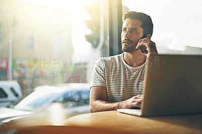 Buy stock photo Hybrid work, phone call and man in cafe with laptop for networking, chat and creative professional on website. Computer, research and freelancer with online job, cellphone and consulting for project