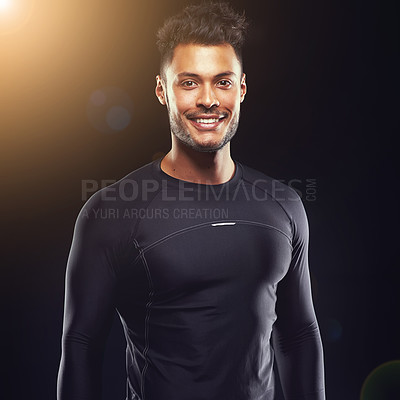 Buy stock photo Fitness, portrait and man in studio with smile, confidence and workout routine in health, wellness and power. Sportswear, pride and strong athlete on black background for exercise, results and care