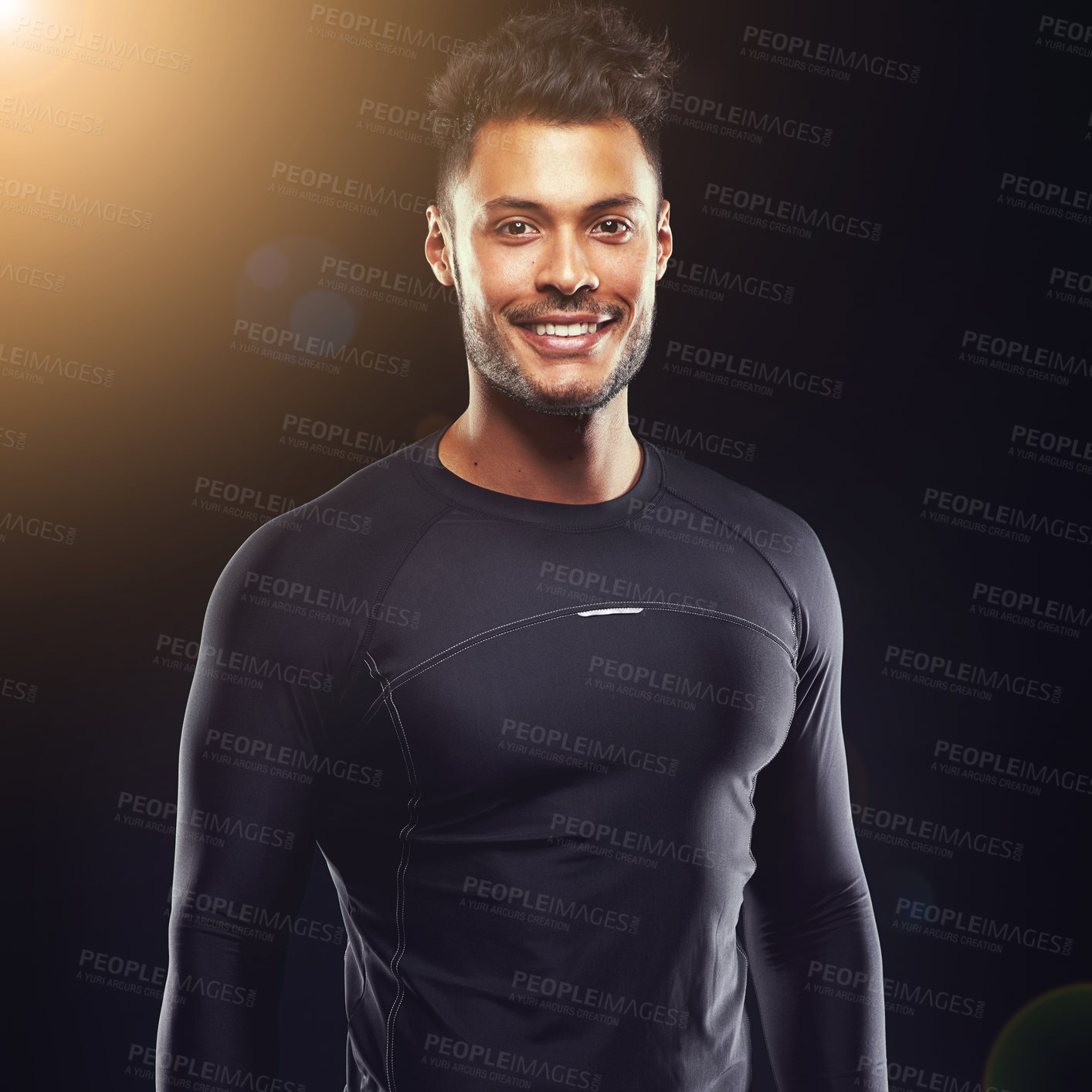 Buy stock photo Fitness, portrait and man in studio with smile, confidence and workout routine in health, wellness and power. Sportswear, pride and strong athlete on black background for exercise, results and care