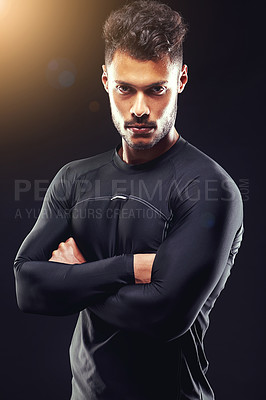 Buy stock photo Fitness, portrait and man in studio with confidence, arms crossed and workout routine for health, wellness and power. Pride, strong and bodybuilder on black background for exercise, results and care
