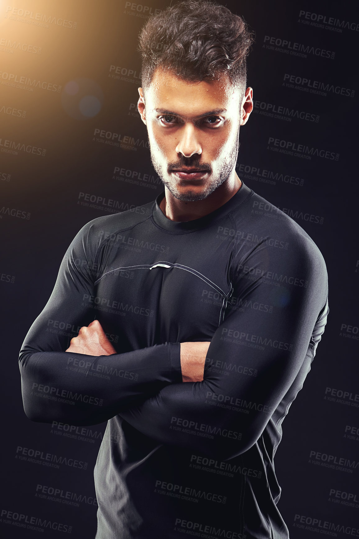 Buy stock photo Fitness, portrait and man in studio with confidence, arms crossed and workout routine for health, wellness and power. Pride, strong and bodybuilder on black background for exercise, results and care