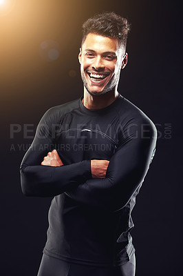 Buy stock photo Fitness, portrait and man in studio with smile, confidence and workout routine in health, wellness and power. Arms crossed, pride and strong athlete on black background for exercise, results and care