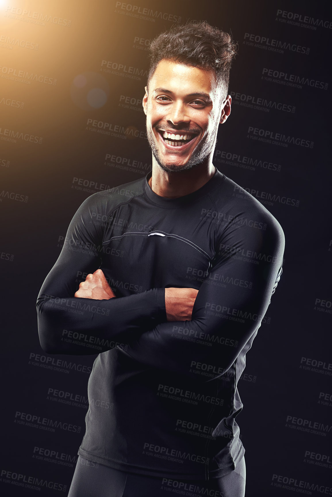 Buy stock photo Fitness, portrait and man in studio with smile, confidence and workout routine in health, wellness and power. Arms crossed, pride and strong athlete on black background for exercise, results and care