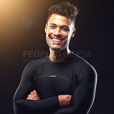 Buy stock photo Fitness, portrait and happy man in studio with sportswear, confidence and workout routine for health, wellness and power. Smile, pride and athlete on black background for exercise, results and care