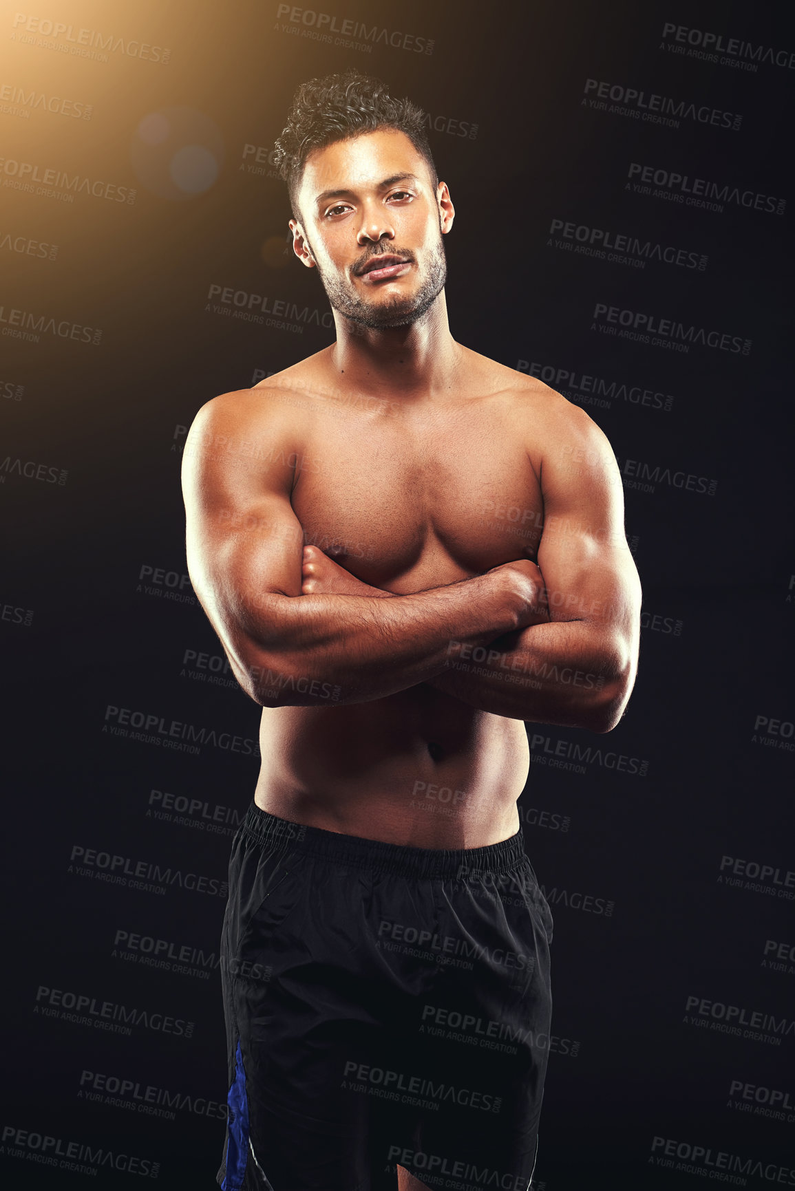 Buy stock photo Fitness, portrait and man in studio with arms crossed, confidence and workout routine in health, wellness and power. Strong, pride and athlete on black background for exercise, results and muscle