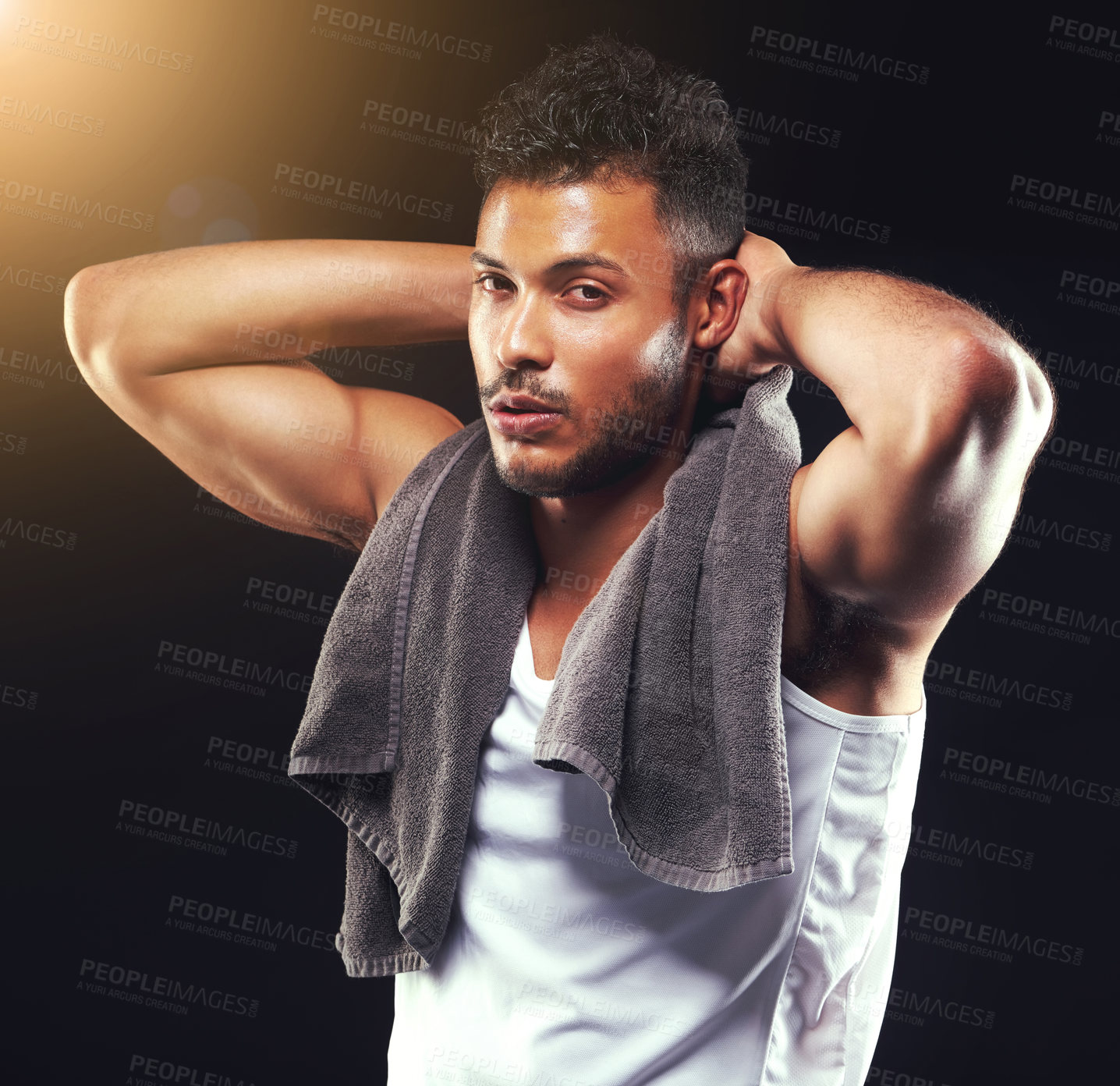 Buy stock photo Fitness, towel and portrait of man on black background for exercise, training and intense workout. Bodybuilder, sports and serious person with muscles for performance, wellness and health in studio