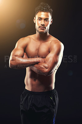 Buy stock photo Fitness, portrait and man in studio with pride, confidence and workout routine in health, wellness and power. Arms crossed, muscle and strong athlete on black background for exercise, flare
 and care