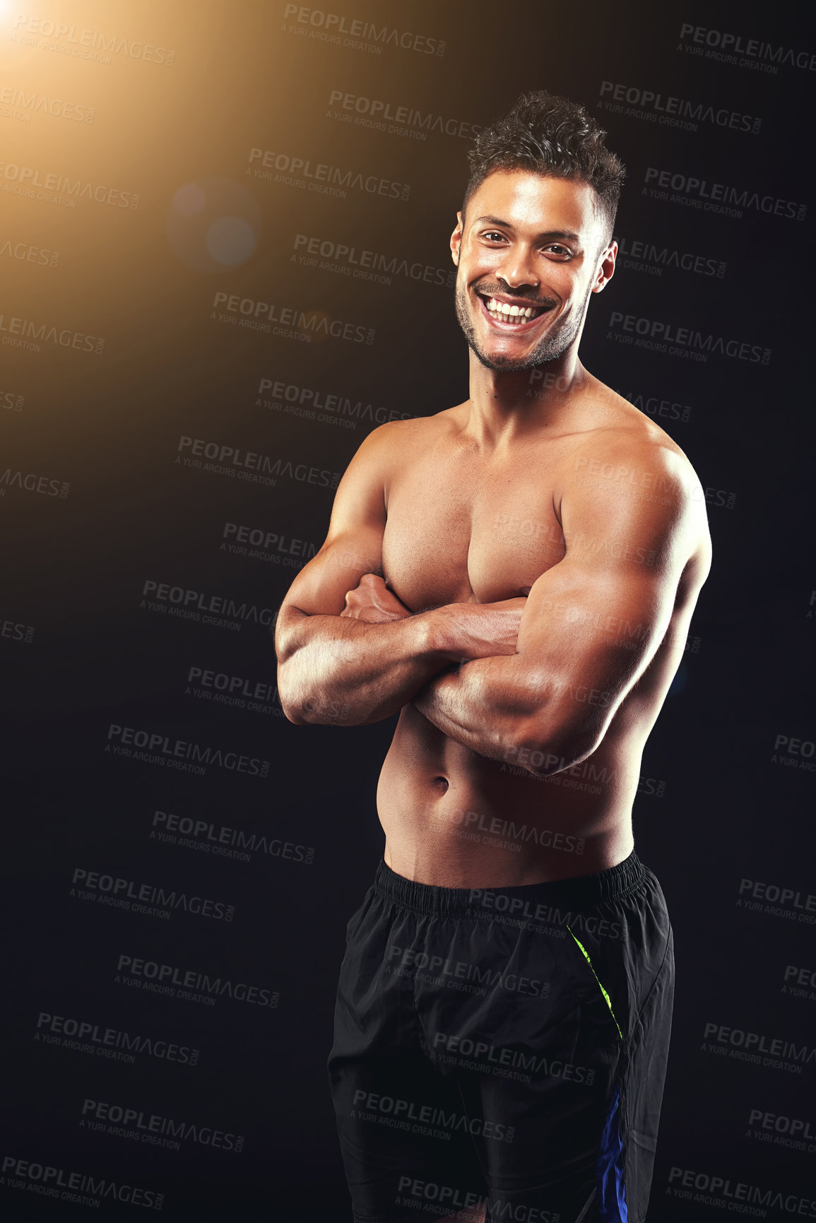 Buy stock photo Fitness, portrait and happy man in studio with arms crossed, confidence and workout in health, wellness and power. Muscle, pride and strong athlete on black background for exercise, results and care