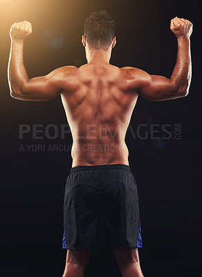 Buy stock photo Fitness, back and man in studio with arms, flex and workout routine for health, wellness and power. Strong, muscle athlete or bodybuilder on black background for exercise, results and muscular body