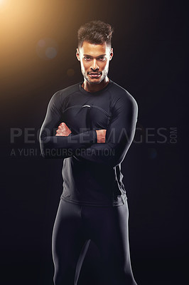 Buy stock photo Fitness, portrait and man in studio with sportswear, confidence and workout routine in health, wellness and power. Arms crossed, pride and athlete on black background for exercise, results and care