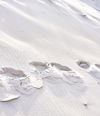 Buy stock photo Landscape of footprints on sand dunes in the west coast of Jutland in Loekken, Denmark. Closeup of surface texture in dry empty desert with copyspace. Peaceful view to explore for travel and tourism