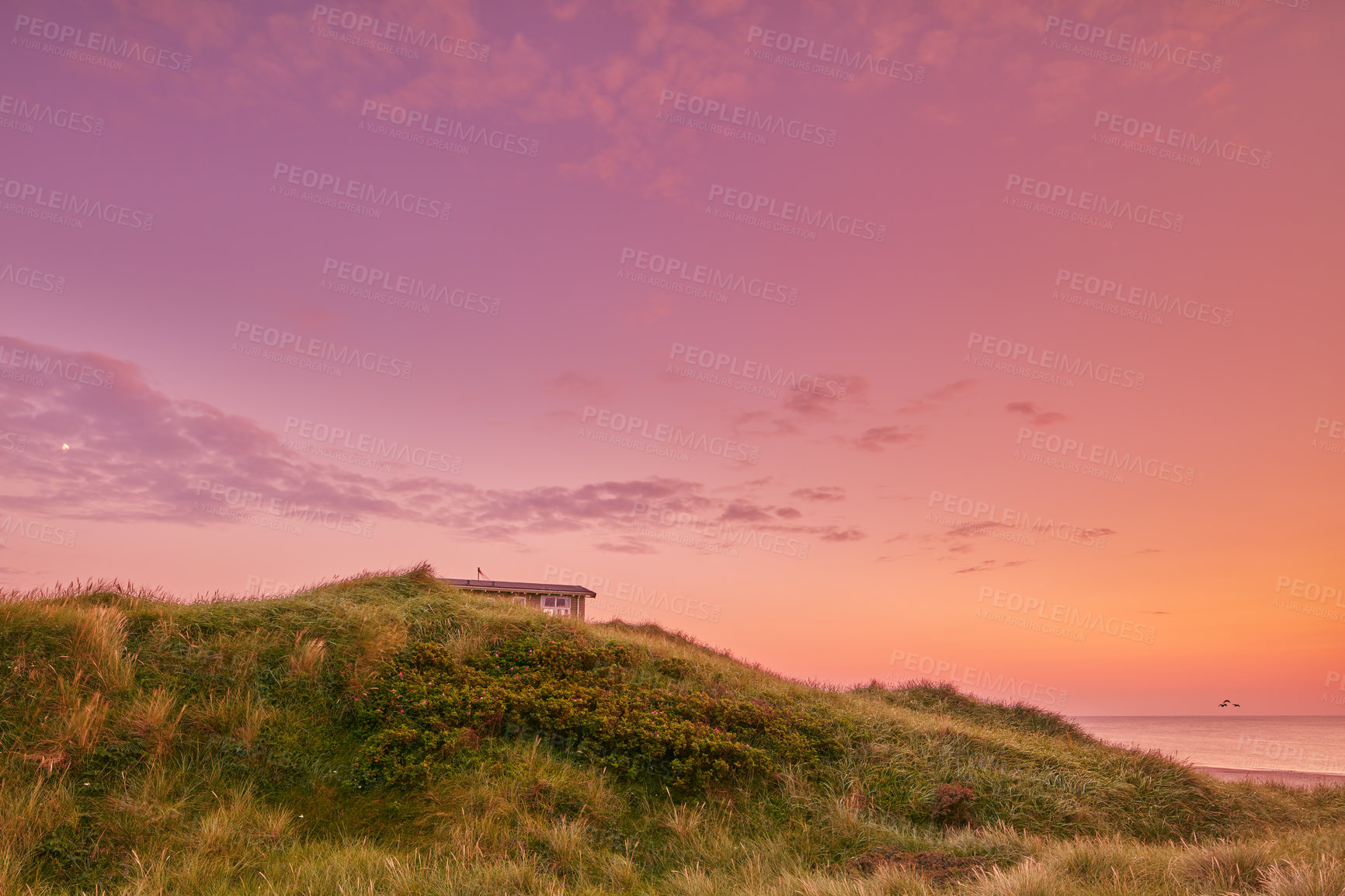 Buy stock photo Copyspace landscape of a sunset on the west coast of Jutland in Loekken, Denmark. Sun setting on the horizon on an empty beach over the ocean and sea with copy space. Cloudy pink sky in the morning