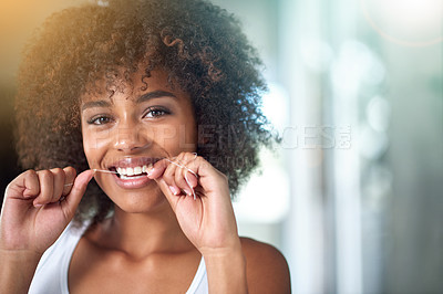 Buy stock photo African woman, dental floss and smile in portrait for oral wellness, health and benefits for mouth in morning. Girl, person and teeth whitening with string, cleaning and change for results in house