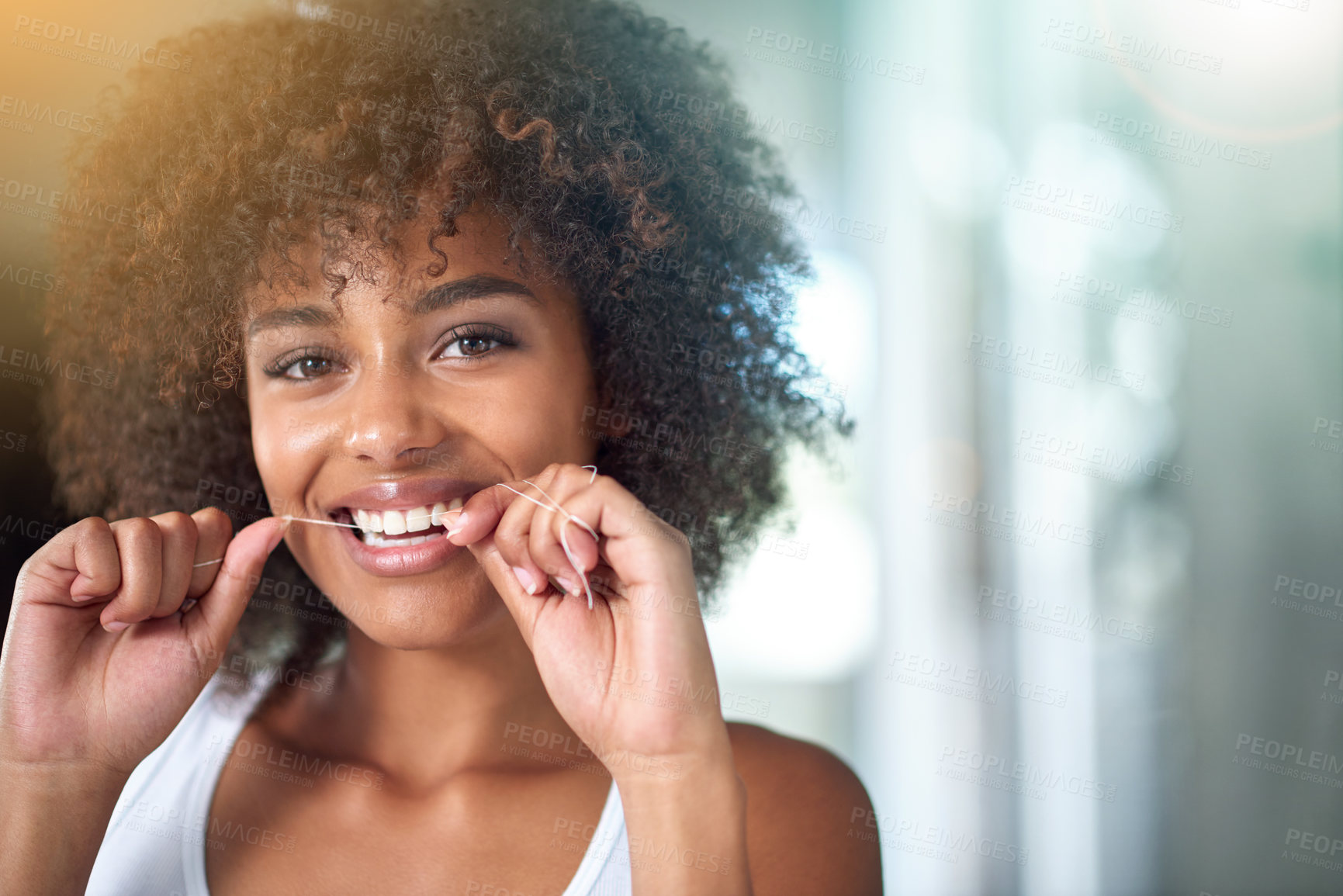 Buy stock photo African woman, dental floss and smile in portrait for oral wellness, health and benefits for mouth in morning. Girl, person and teeth whitening with string, cleaning and change for results in house