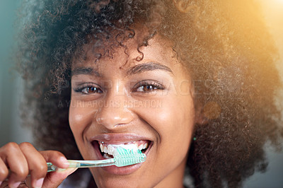 Buy stock photo Black woman, portrait and toothbrush for teeth cleaning in bathroom, dental health and self care closeup for fresh breathe. Orthodontics, oral hygiene and morning routine with toothpaste at home