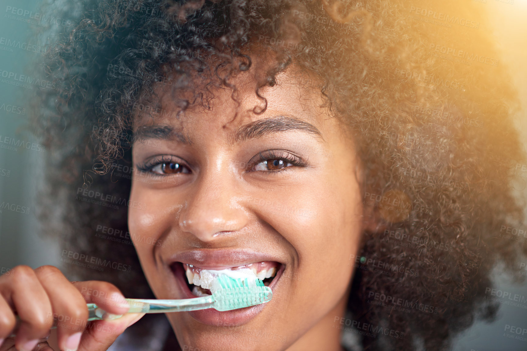 Buy stock photo Black woman, portrait and toothbrush for teeth cleaning in bathroom, dental health and self care closeup for fresh breathe. Orthodontics, oral hygiene and morning routine with toothpaste at home