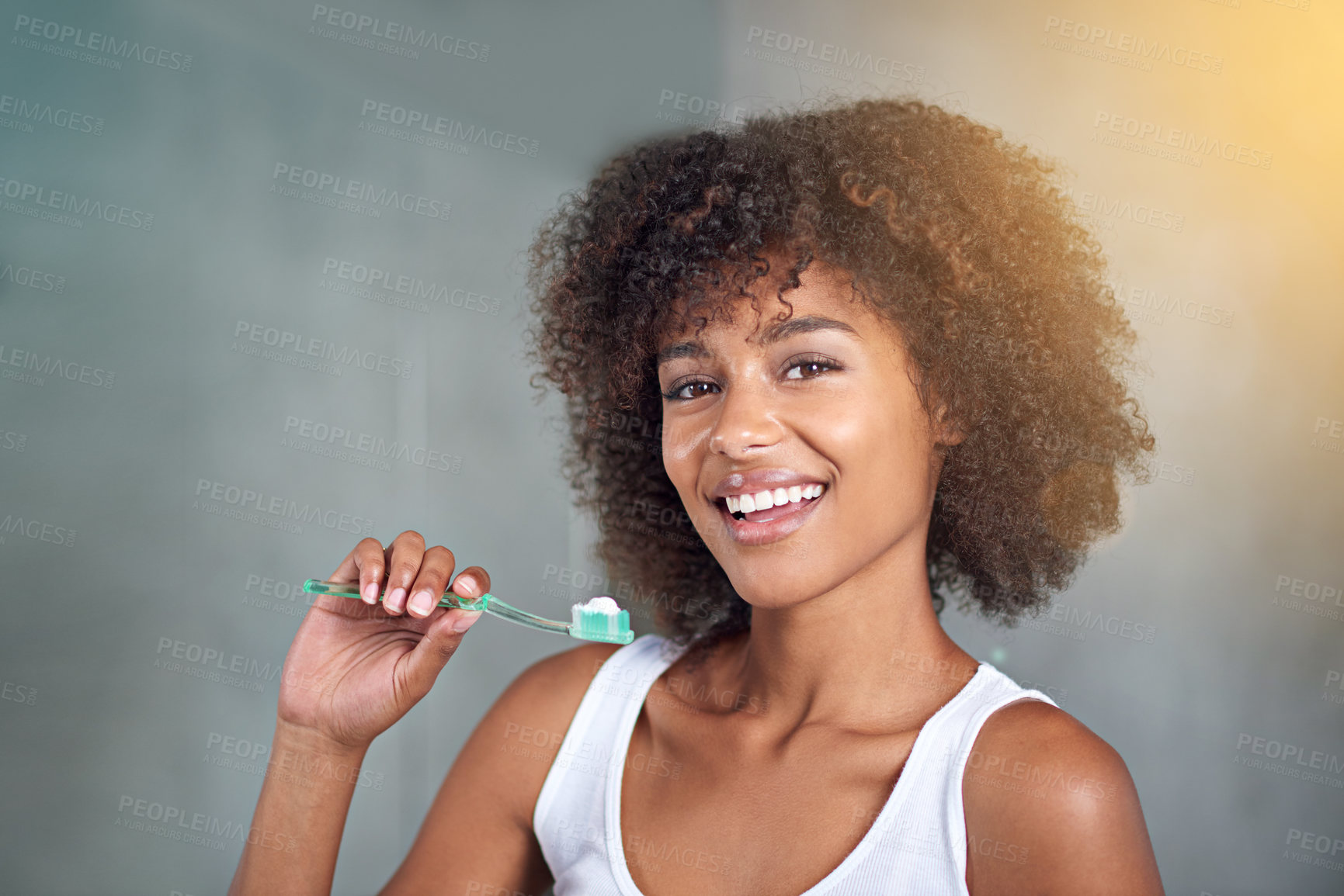 Buy stock photo Black woman, happy in portrait and toothbrush for teeth whitening in bathroom, dental health and self care for fresh breathe. Orthodontics, oral hygiene and morning routine with toothpaste at home