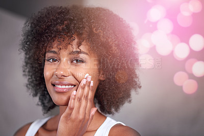 Buy stock photo African woman, portrait and skincare cream with smile, wellness or afro in home bathroom for morning routine. Girl, person and serum with cosmetics, bokeh or transformation with beauty in apartment
