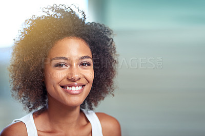 Buy stock photo Natural, beauty and portrait of black woman in morning, bathroom and glow on skin from dermatology. African, skincare and girl with makeup from cosmetics or hair care for curly hairstyle mockup
