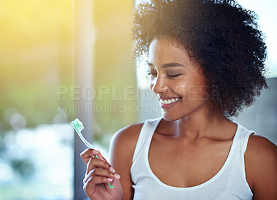 Buy stock photo African woman, toothbrush and smile in bathroom for oral wellness, health and benefits for mouth in home. Girl, person and teeth whitening with product, cleaning and toothpaste for results in house