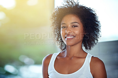 Buy stock photo Cropped portrait of a young woman in the bathroom