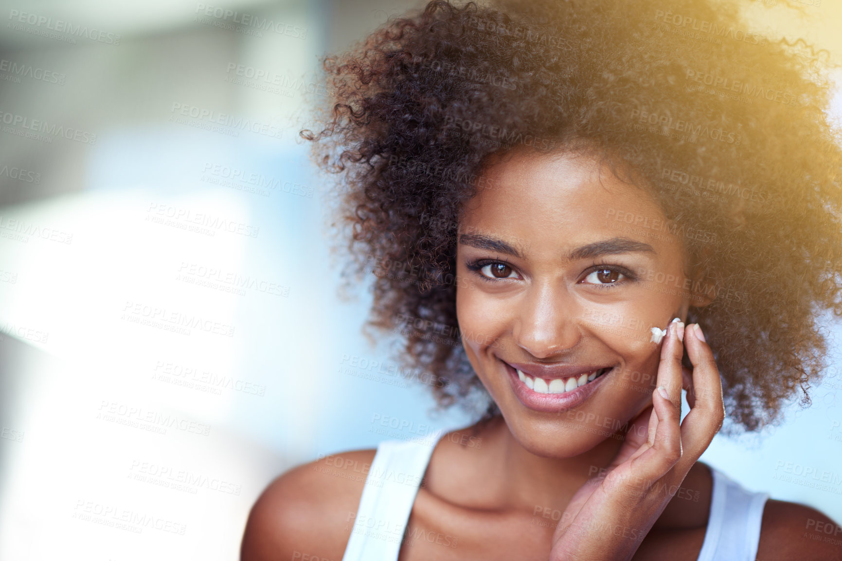 Buy stock photo African woman, skin cream and portrait in bathroom for beauty, wellness or afro in home for morning routine. Girl, person and serum for cosmetics, change or transformation with facial glow in house