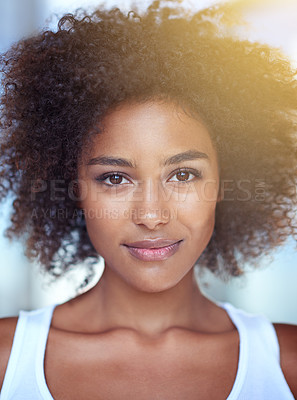 Buy stock photo Morning, beauty and portrait of black woman with natural glow on skin from dermatology. African, girl and skincare on face with makeup from cosmetics or hair care for curly afro hairstyle closeup
