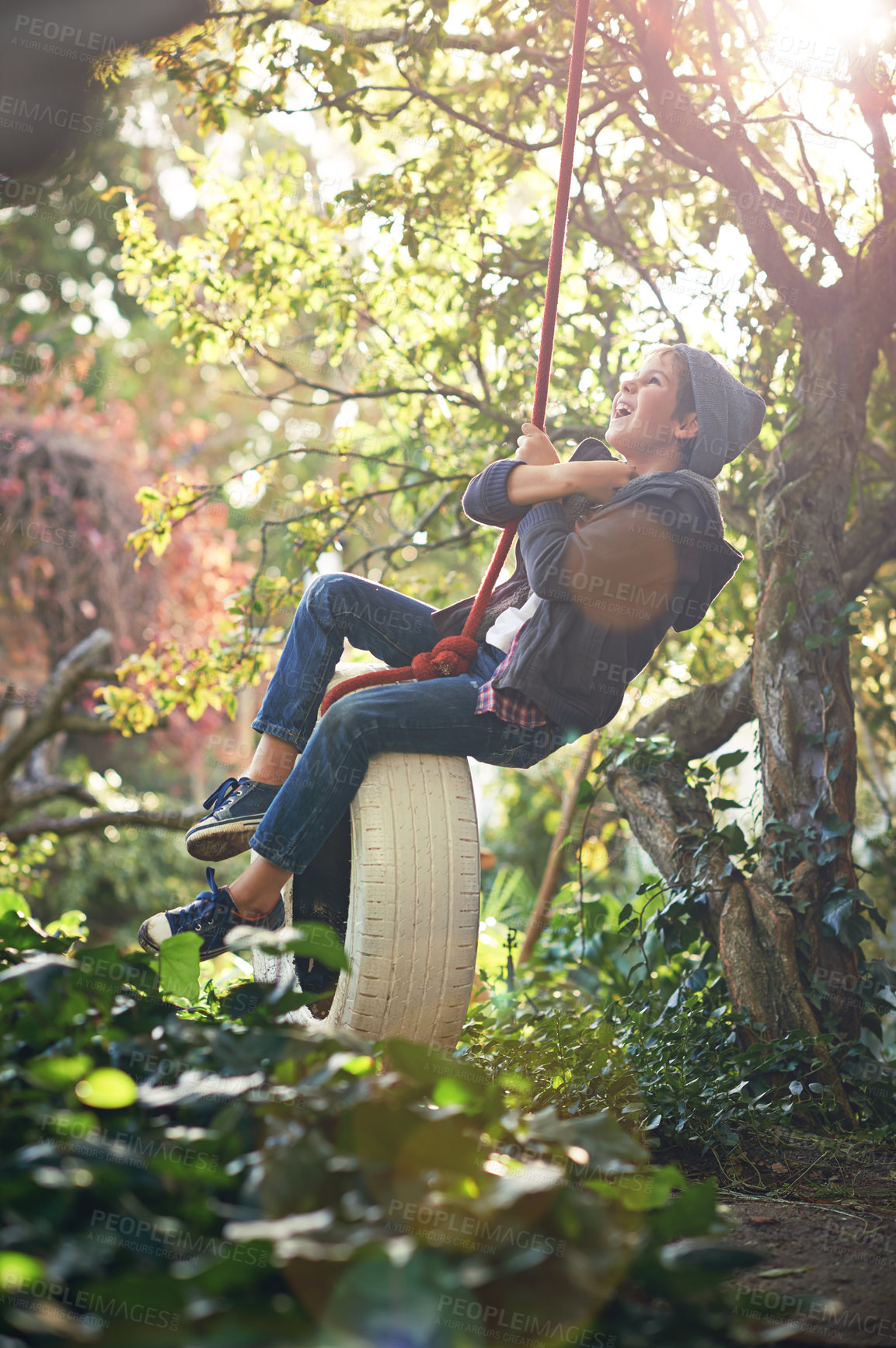 Buy stock photo Boy, child and playing on tyre swing in garden with happiness, recreation and countryside vacation in summer. Kid, excited and diy adventure playground in backyard of home with sunlight and trees