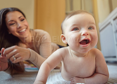 Buy stock photo Happy, mother and baby playing in their home together with fun, love and playful bonding. Happiness, smile and young mom spending time with her infant girl child in their house for child development.