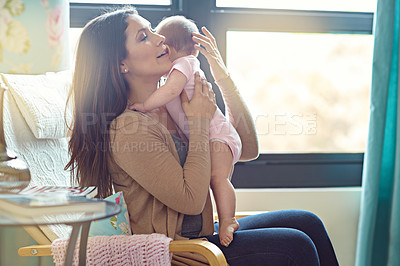 Buy stock photo Mother, bonding or hugging baby girl in house living room or family home nursery in support trust, love or security. Mom, infant or child embrace in sleeping help, stop crying or burping after eating