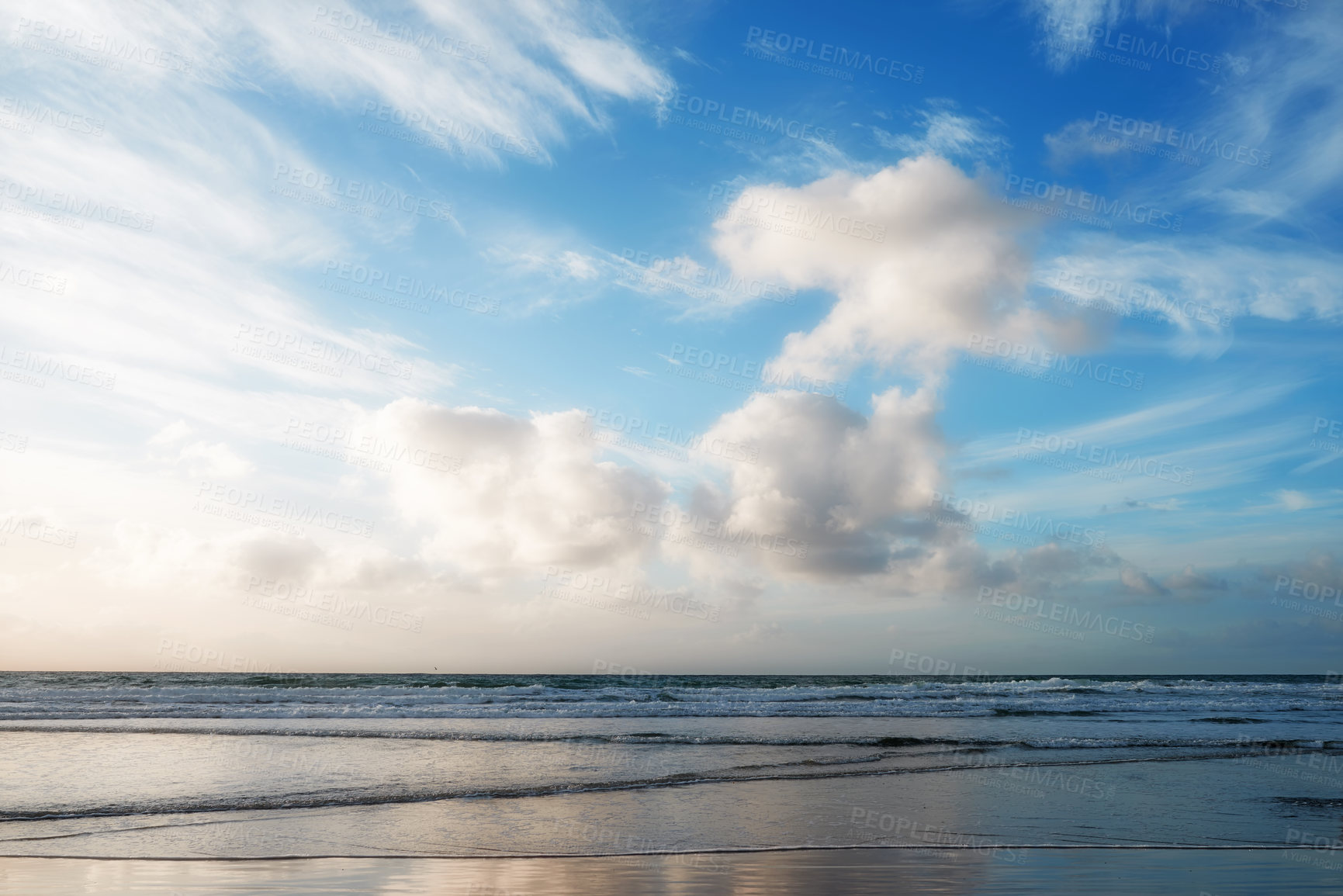 Buy stock photo Landscape of clouds in the sky on the west coast of Jutland in Loekken, Denmark. Beautiful cloudscape on an empty beach at dusk. Clouds over the ocean and sea in the evening with copyspace