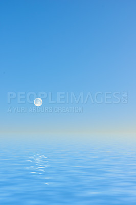 Buy stock photo Seascape and landscape of a blue sky on the westcoast of Jutland in Loekken, Denmark. Beautiful view on an empty beach at dusk. Moon rising over the ocean and sea in the evening with copyspace