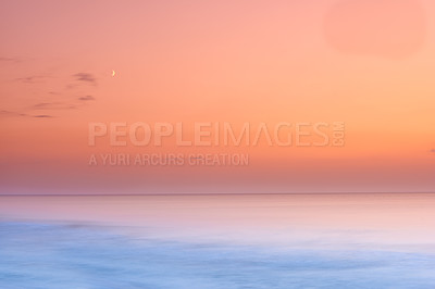 Buy stock photo Seascape and landscape of a golden sunset on the west coast of Jutland in Loekken, Denmark. Beautiful cloudscape on an empty beach at dusk. Clouds over the ocean and sea in the evening with copyspace