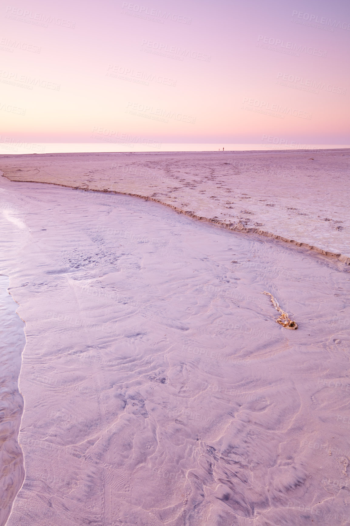 Buy stock photo Seascape and landscape of a pink sunset on the westcoast of Jutland in Loekken, Denmark. Sun setting on the horizon on an empty beach at dusk over the ocean and sea at night with copyspace